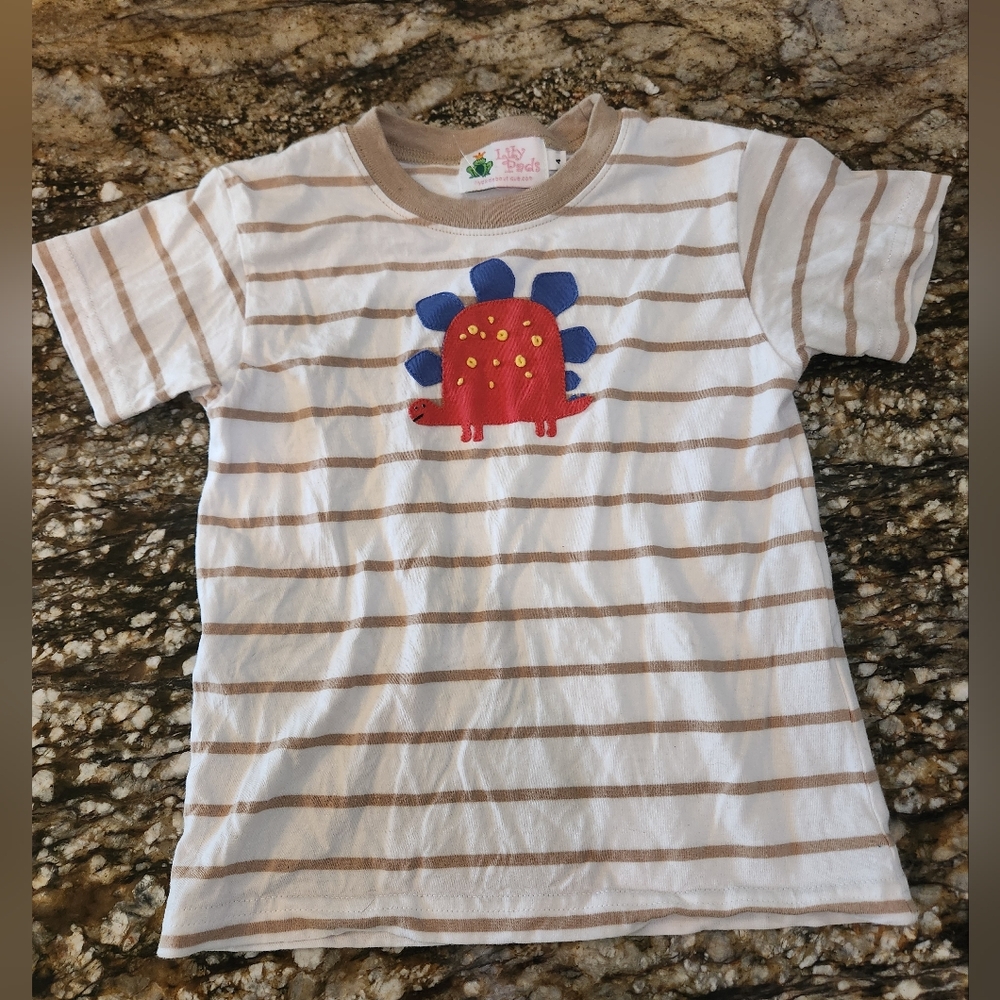 Striped Dino Appliqué Short Sleeve Tee - White & Tan